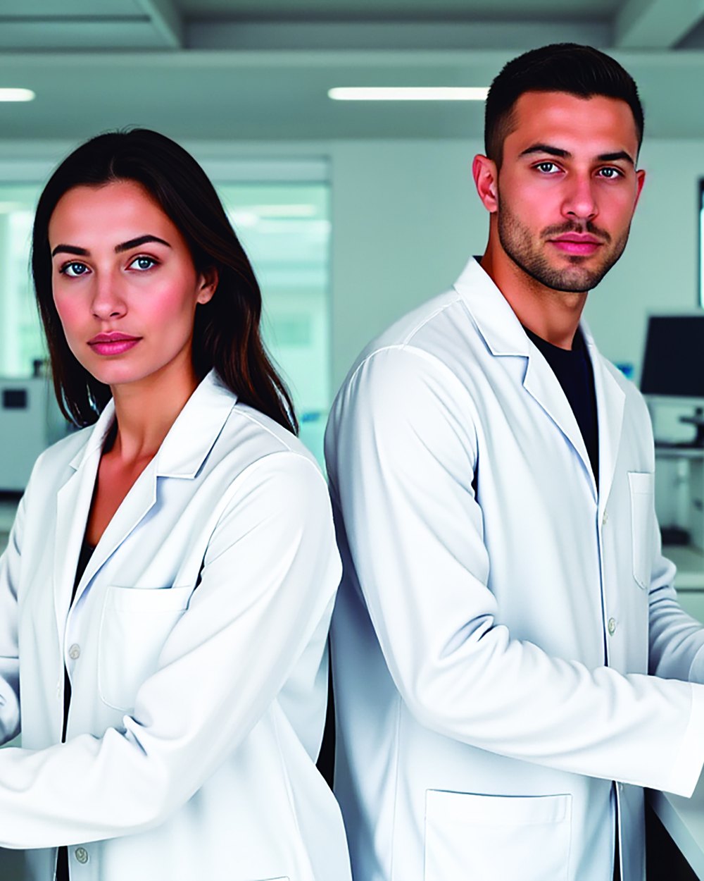 Deux professionnels de laboratoire en blouse blanche