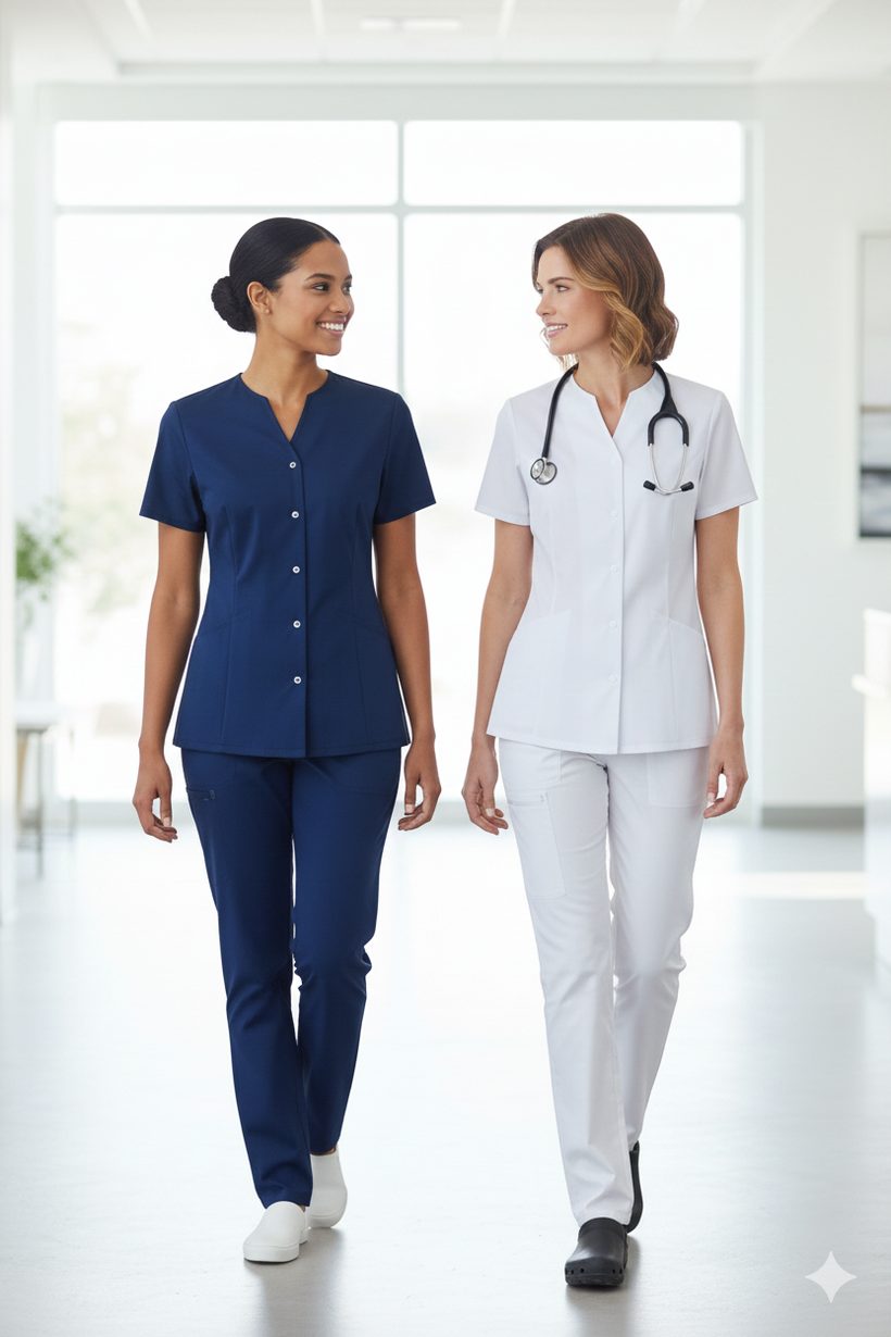 Deux soignantes en tenue Uniworks, marine et blanche